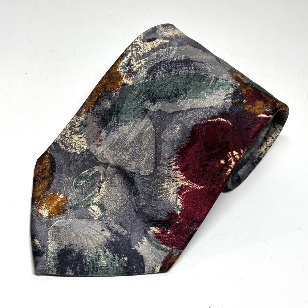 Bachrach Silk Necktie Mens OS Grey Abstract Painterly Italy Wide Tie Corporate
